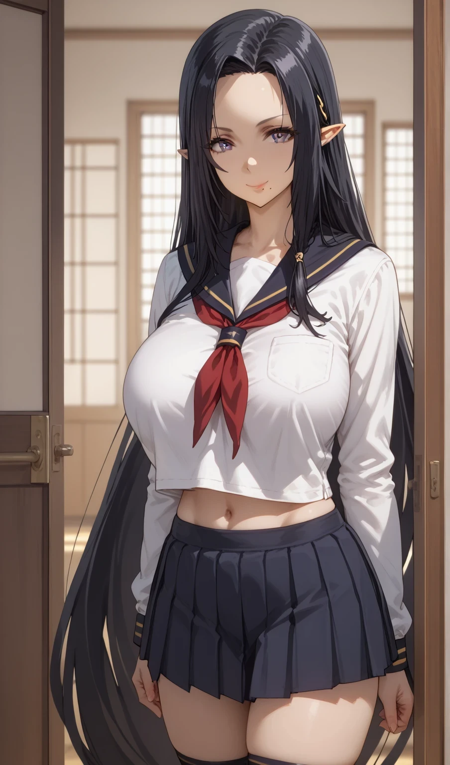 Source anime, Tall girl, Fit girl,score_9, score_8_up, score_7_up, score_6_up, ultra-detailed, 1girl, gamma, long hair, purple eyes, black hair, very long hair, pointy ears, mole, mole under mouth, huge breast, 1girl, solo, school_uniform, skirt, serafuku, socks, kneehighs, pleated_skirt, black_socks, neckerchief, red_neckerchief, long_sleeves, looking_at_viewer, shirt, standing, sliding_doors, sailor_collar, white_shirt, hand_up, smile, navel,