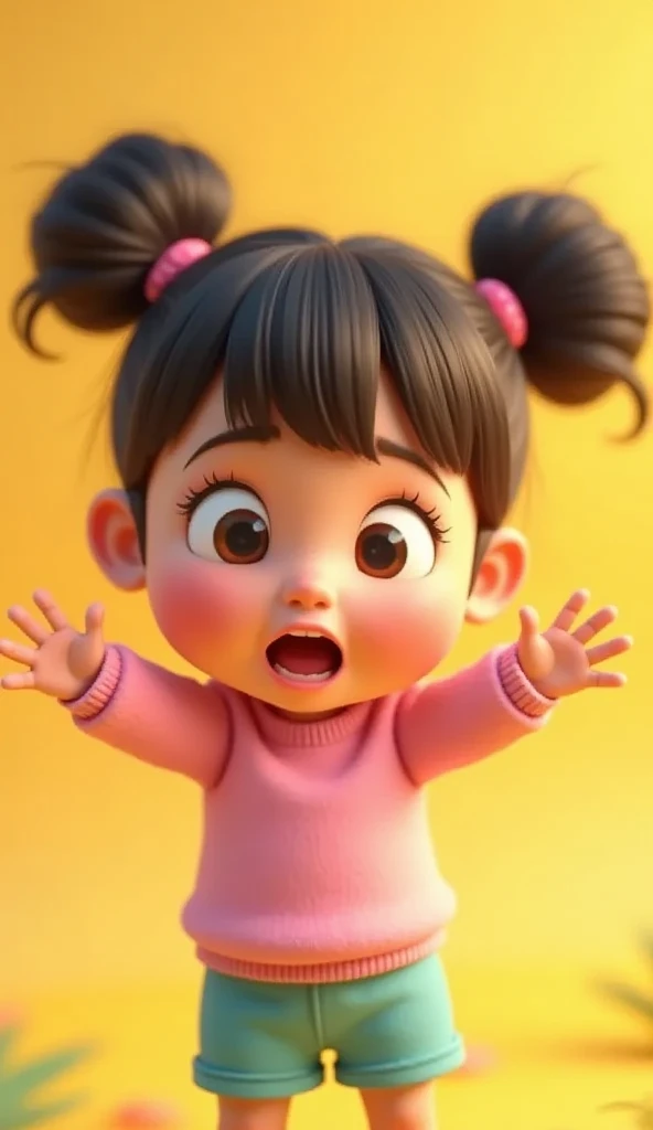 Girl's facial expression is one of fear or panic, with wide eyes and slightly parted lips as though she is gasping or about to speak. Her hands are raised in front of her with open palms, gesturing a clear "stop" or "stay back" signal, indicating she feels threatened or alarmed. The background is a vibrant yellow, which contrasts sharply with her anxious demeanor, emphasizing the intensity of her reaction. school background, pink walls, 3d animation, pixar, close up