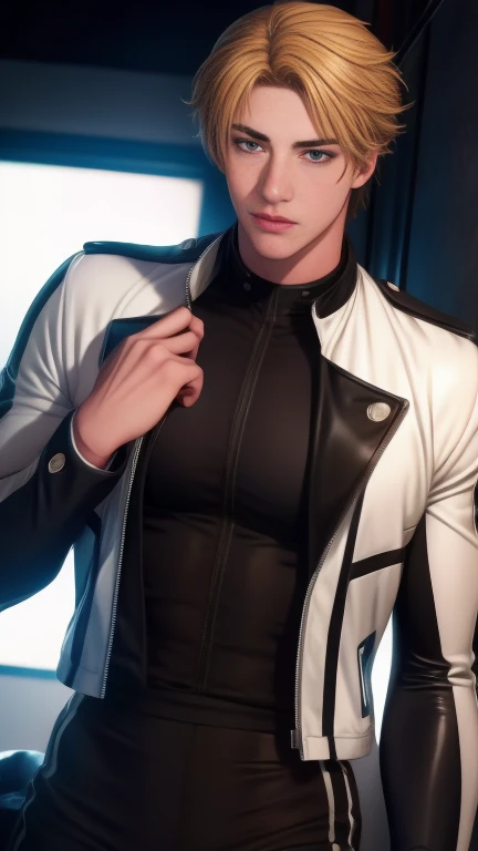 (    最 High Quality  ), (    最 High Quality  ), (Overall view),  beautifully crafted superheroes,  hero costume ,  Handsome, good-looking young man , Slim and thin , With brown skin ,  blonde hair,  Light and flirty ., Black and white ,  detail eyes,  detailed hair, Detailed clothing, Smooth lines,  High Quality 