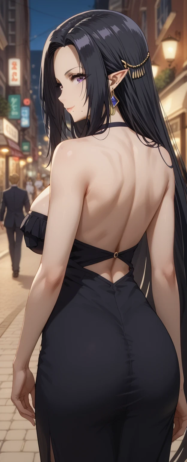 Source anime, Tall girl, Fit girl,score_9, score_8_up, score_7_up, score_6_up, ultra-detailed, 1girl, gamma, long hair, purple eyes, black hair, very long hair, pointy ears, mole, mole under mouth, huge breast, dress, bare shoulders, collarbone, cleavage, smile, earrings, standing, from back, kabukicho, evening, street, blurry backgrounds,Strapless dress, backless dress, black dress, from back, looking back