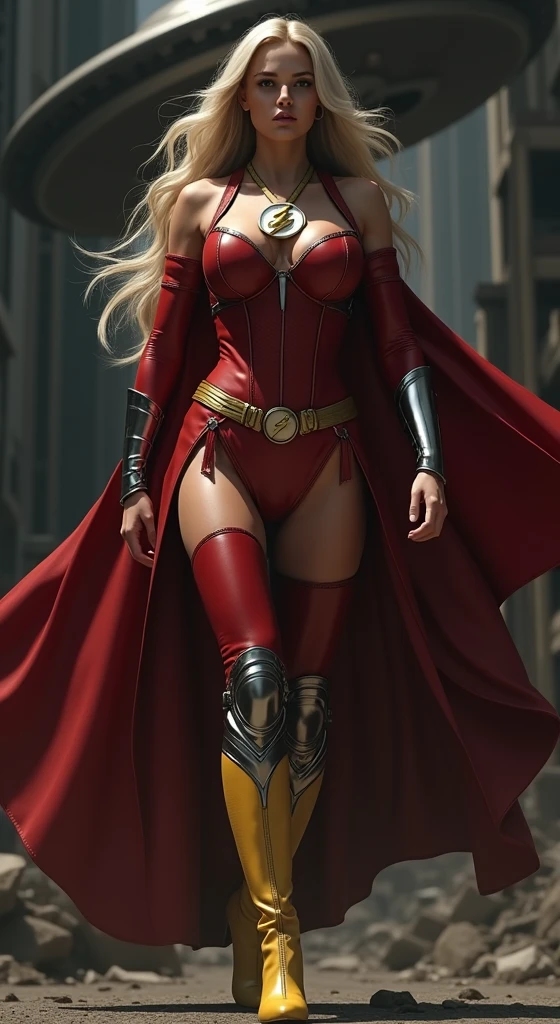 1girl,Alicia Viewsrtream,red lips,red impossible clothes,red elbow gloves,red thigh boots,cape,incredibly absurdres,Volumetric Lighting,moody lighting,thighs,realistic,reality,hetero,smug,fighting_stance,