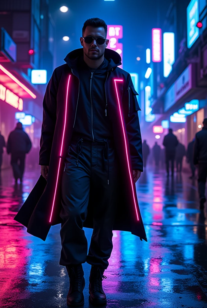 A solitary male traveler in a cyberpunk setting,wearing a flowing cloak and goggles,showcasing a realistic and atmospheric environment.The scene captures his sense of loneliness and adventure,with neon lights and futuristic cityscape in the background.,man has a rugged yet modern look, his outfit highlighted by bold red and blue LED lines.They are set in a neon-lit futuristic, 
creating light trails as they move.The industrial decor,with metallic surfaces,reflects the shifting neon and strobe lights,enhancing the cyberpunk atmosphere.pink and blue LEDs on their outfits standing out against the pulsing lights around them,emphasizing a stylish, high-tech vibe. （Lighting: Neon and strobe lights）