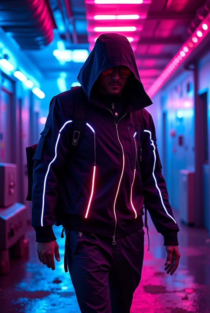 A solitary male traveler in a cyberpunk setting,wearing a flowing cloak and goggles,showcasing a realistic and atmospheric environment.The scene captures his sense of loneliness and adventure,with neon lights and futuristic cityscape in the background.,man has a rugged yet modern look, his outfit highlighted by bold red and blue LED lines.They are set in a neon-lit futuristic, 
creating light trails as they move.The industrial decor,with metallic surfaces,reflects the shifting neon and strobe lights,enhancing the cyberpunk atmosphere.pink and blue LEDs on their outfits standing out against the pulsing lights around them,emphasizing a stylish, high-tech vibe. （Lighting: Neon and strobe lights）