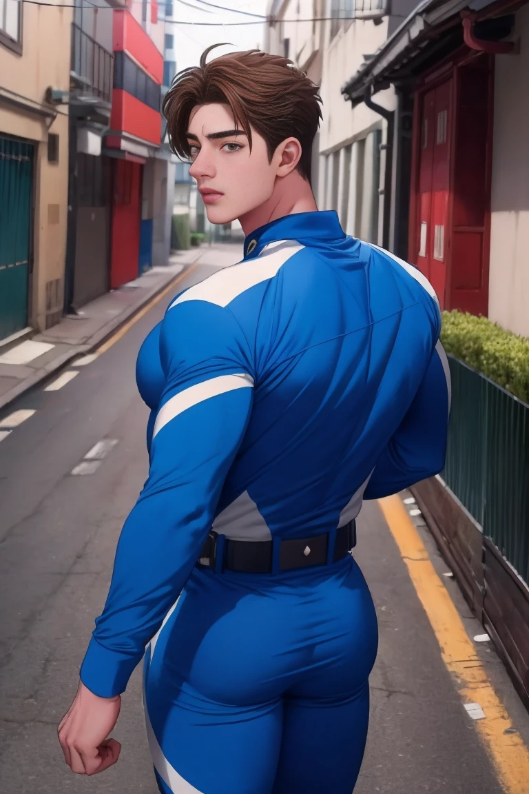 (  best quality ), ,Back Alley,  Japanese with a cool and handsome face ,Beautiful young 18 years old ,  handsome idol , shiny power rangers suit,  toned and muscular , Tall, Turn your body towards the viewer