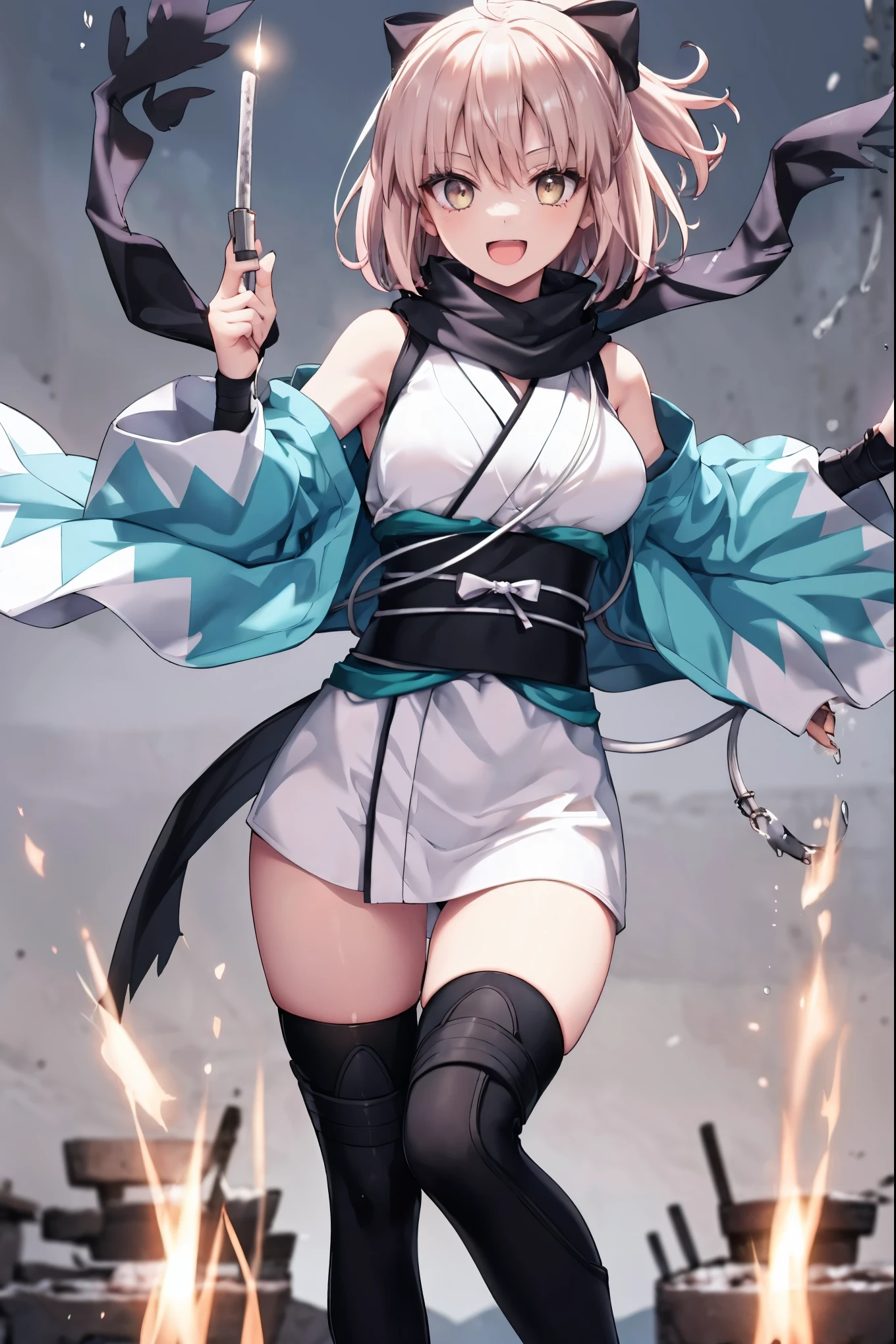 meticulous details, good composition, , cute face, perfect face, perfect hands, 1girl,okita souji \(FGO\), okita souji \(fate\), pale_pink_hair,ponytail,black_bow,sleeveless_white_short_kimono,
 smile,happy,gold_half_eyes, thigh-highs, straw_sandals,medium_breasts, midriff , (right_leg_forward:0.7) ,town_background,black_long_scarf,knee, bragging_face, black_cloth_gauntlet,apart_legs,open_mouth,blue&white_haori,open_legs,rise_arms, 