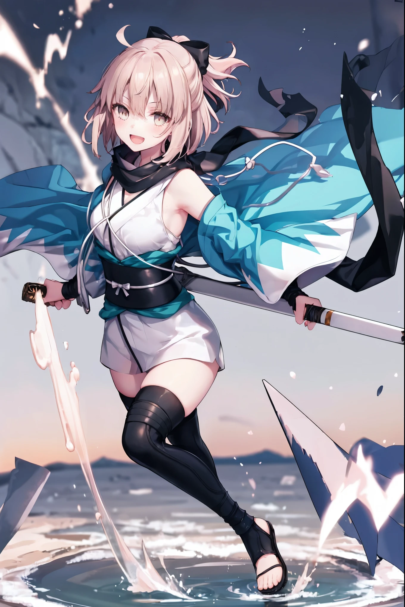 meticulous details, good composition, , cute face, perfect face, perfect hands, 1girl,okita souji \(FGO\), okita souji \(fate\), pale_pink_hair,ponytail,black_bow,sleeveless_white_short_kimono,
 smile,happy,gold_half_eyes, thigh-highs, straw_sandals,medium_breasts, midriff , (right_leg_forward:0.7) ,town_background,black_long_scarf,knee, bragging_face, black_cloth_gauntlet,apart_legs,open_mouth,blue&white_haori,open_legs,rise_arms, 