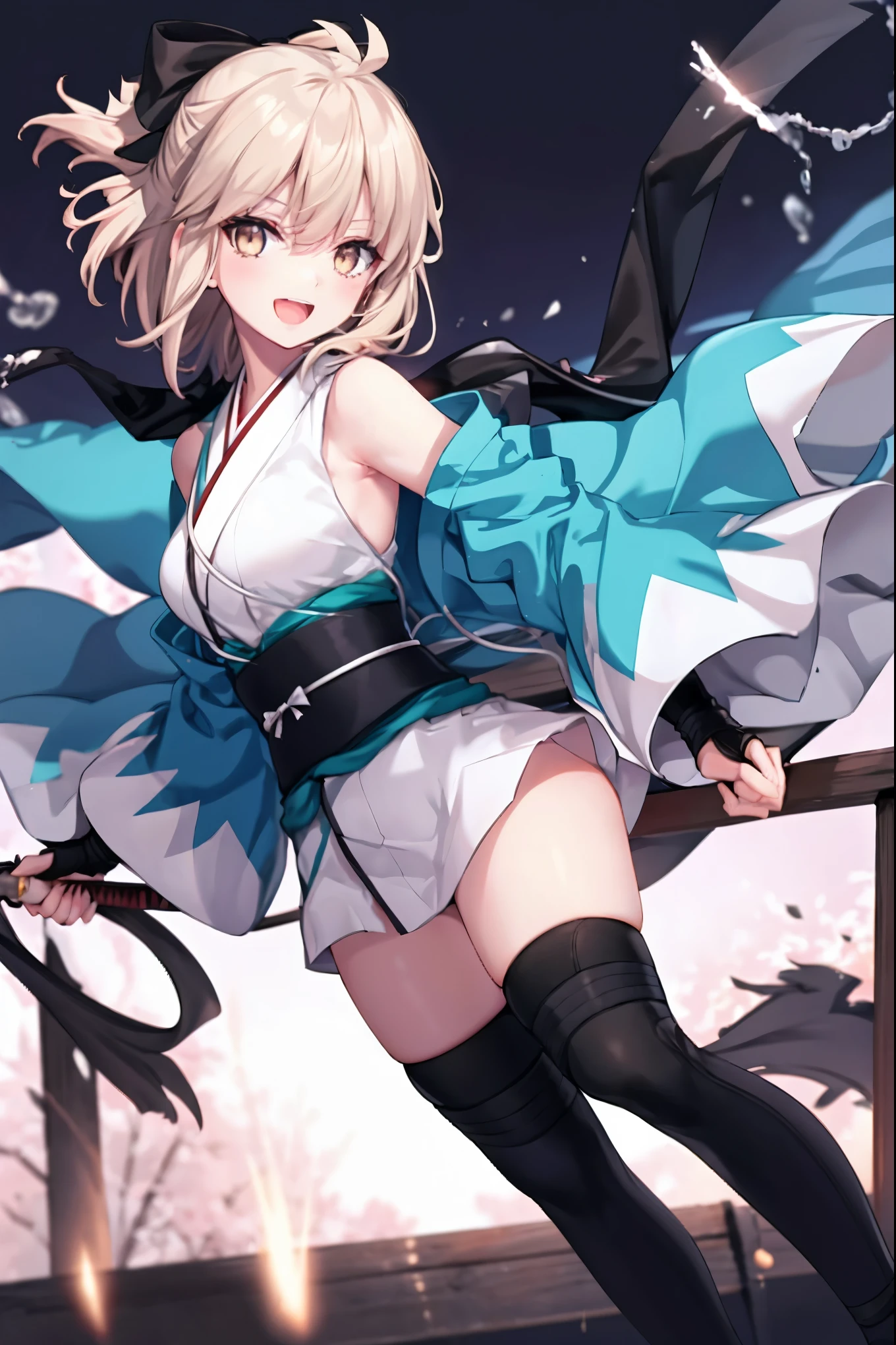 meticulous details, good composition, , cute face, perfect face, perfect hands, 1girl,okita souji \(FGO\), okita souji \(fate\), pale_pink_hair,ponytail,black_bow,sleeveless_white_short_kimono,
 smile,happy,gold_half_eyes, thigh-highs, straw_sandals,medium_breasts, midriff , (right_leg_forward:0.7) ,town_background,black_long_scarf,knee, bragging_face, black_cloth_gauntlet,apart_legs,open_mouth,blue&white_haori,open_legs,rise_arms, 