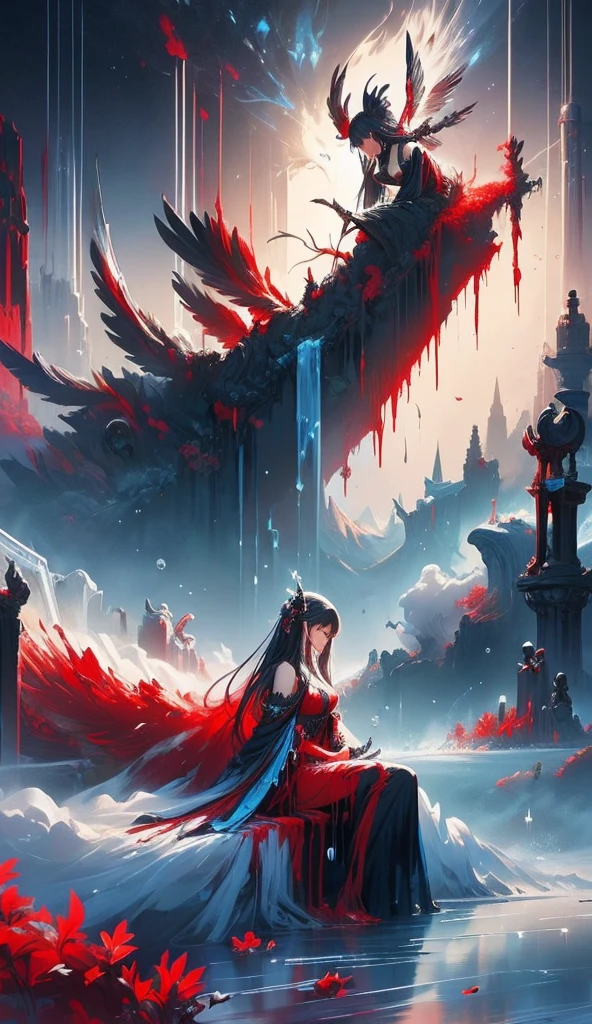 black and white and blue and red,(best quality, ultra-detailed, high resolution, extremely detailed cg),wide shot,dead angels stand on cliff edge,she is very beautiful,she like blood and sea,bloody rain, mystical,fanatic, intricate, surreal,delicate