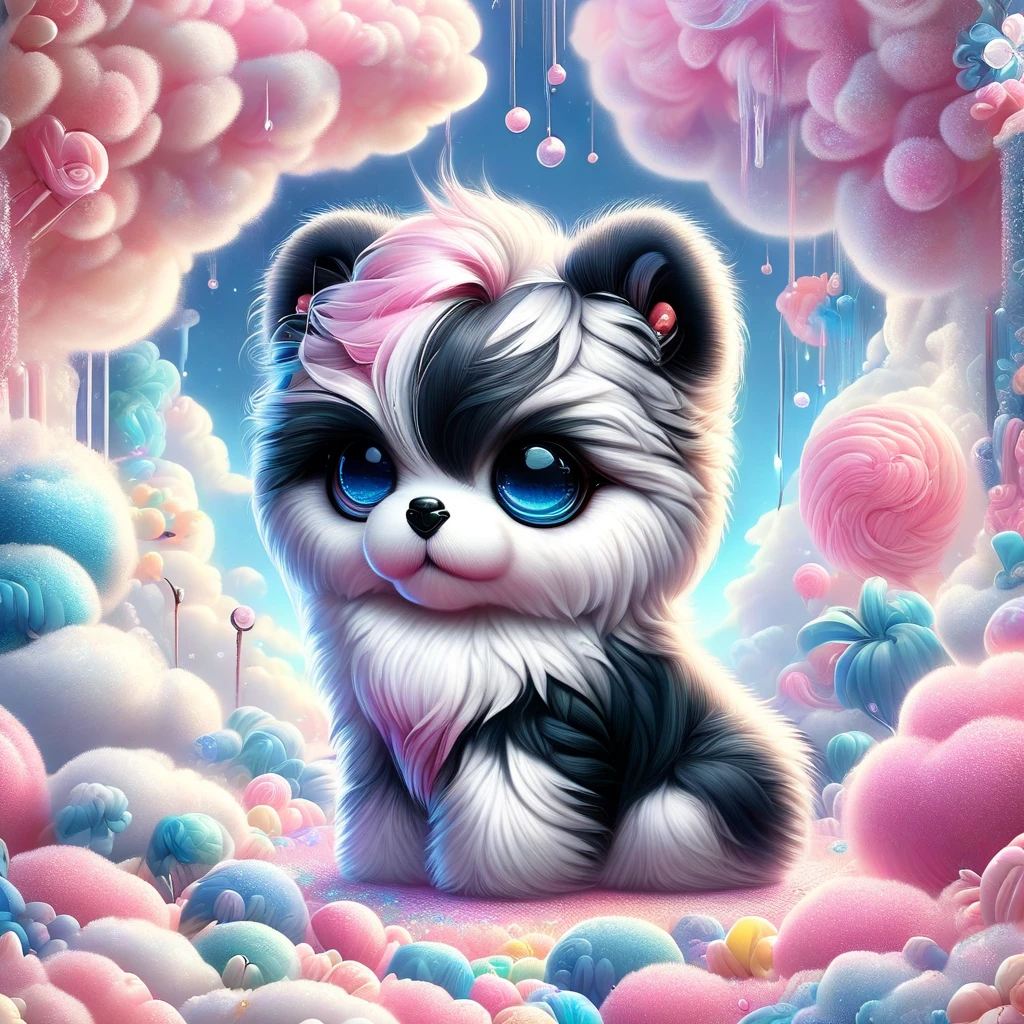 2 adorable black shih tzu puppies with anthropomorphic design, rich expressions including happiness, staring, and silly smiles, in a 3D plush style against a rainbows, background is a tie dye design, intertwining, a burning realistic pink and blue sun, realistic flames, burning, cyborg, black and white fractal spirals, tiny details, plants, octopus tentacles, honeycomb pattern, sacred geometry on skin, flower of life, psychedelic, visionary art, extremely detailed, hyperealistic, crisp, 8K upscaled to max, dark, horror, sunflowers, masterpiece, polkadots, cinematic background. It has a slightly fluffy, cartoon-style with minimalist elements. cottoncandy