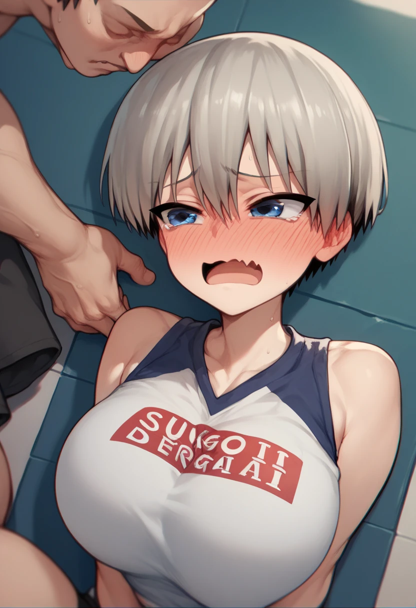 score_7_up, score_6_up, best quality, anime screencap, 1girl, Uzaki_Hana, big breasts, short hair, blue eyes, grey hair, T-shirt, short pants, blush, embarrassed_female, 1boy, faceless male, male face out of frame, size difference, side by side, grabbing breast over shoulder, one hand, looking at viewer, outside