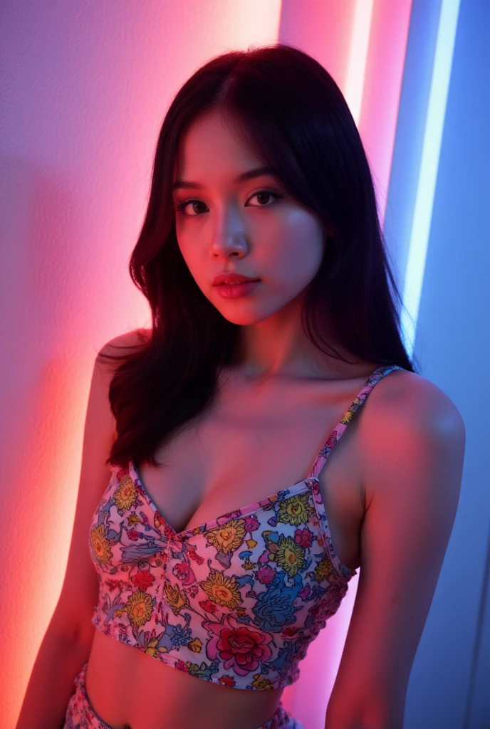 a young female kpop idol, beautiful detailed eyes, beautiful detailed lips, extremely detailed eyes and face, long eyelashes, 19 years old, very tall and slim figure, porcelain skin, elegant and graceful posture, long dark hair, dynamic pose, confident expression, colorful kpop outfit, neon lights, glowing background, (best quality,4k,8k,highres,masterpiece:1.2),ultra-detailed,(realistic,photorealistic,photo-realistic:1.37),vibrant colors,dramatic lighting,cinematic composition