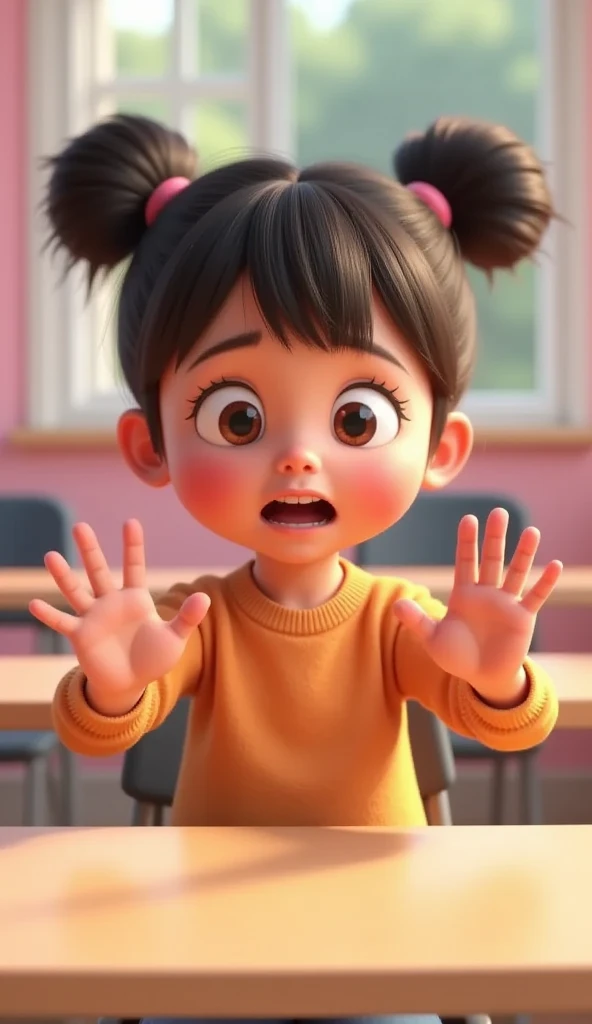 Girl's facial expression is one of fear or panic, with wide eyes and slightly parted lips as though she is gasping or about to speak. Her hands are raised in front of her with open palms, gesturing a clear "stop" or "stay back" signal, indicating she feels threatened or alarmed. school background, pink walls, 3d animation, pixar, close up (((side view))