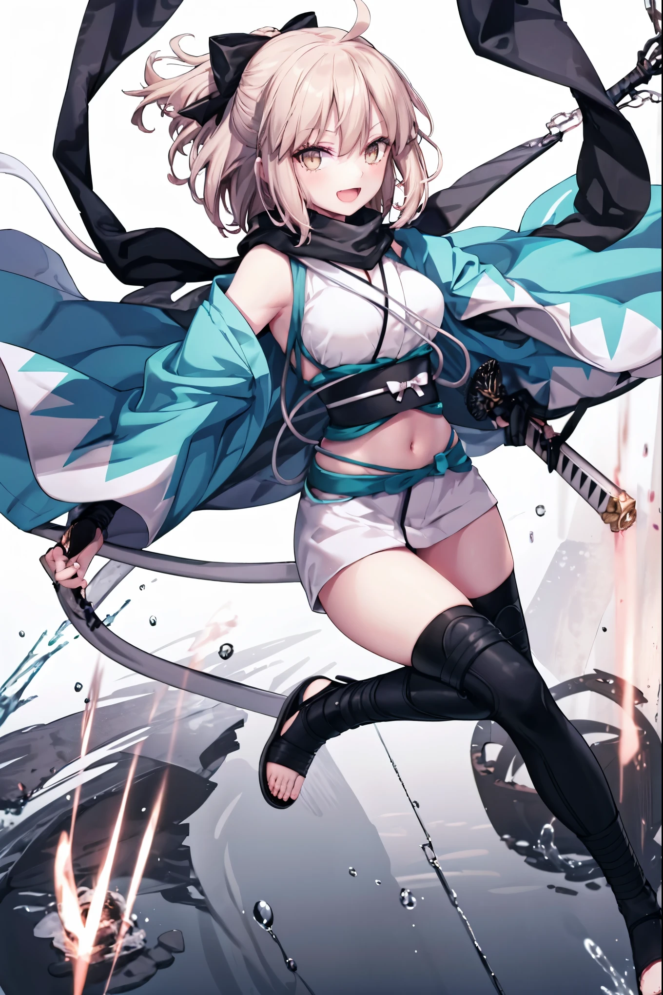 meticulous details, good composition, , cute face, perfect face, perfect hands, 1girl,okita souji \(FGO\), okita souji \(fate\), pale_pink_hair,ponytail,black_bow,sleeveless_white_short_kimono,
 smile,happy,gold_half_eyes, thigh-highs, straw_sandals,medium_breasts, midriff , (right_leg_forward:0.7) ,town_background,black_long_scarf,knee, bragging_face, black_cloth_gauntlet,apart_legs,open_mouth,blue&white_haori,open_legs,rise_arms, 