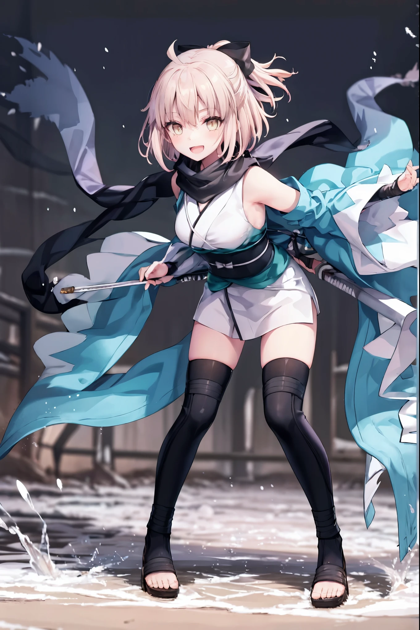 meticulous details, good composition, , cute face, perfect face, perfect hands, 1girl,okita souji \(FGO\), okita souji \(fate\), pale_pink_hair,ponytail,black_bow,sleeveless_white_short_kimono,
 smile,happy,gold_half_eyes, thigh-highs, straw_sandals,medium_breasts, midriff , (right_leg_forward:0.7) ,town_background,black_long_scarf,knee, bragging_face, black_cloth_gauntlet,apart_legs,open_mouth,blue&white_haori,open_legs,rise_arms, 