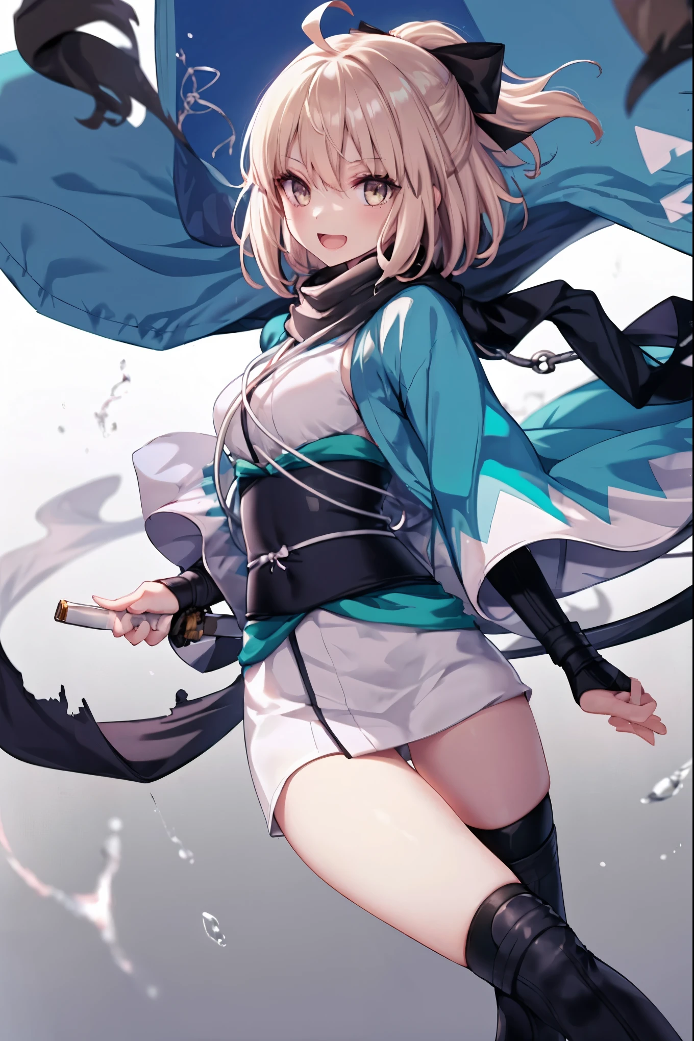 meticulous details, good composition, , cute face, perfect face, perfect hands, 1girl,okita souji \(FGO\), okita souji \(fate\), pale_pink_hair,ponytail,black_bow,sleeveless_white_short_kimono,
 smile,happy,gold_half_eyes, thigh-highs, straw_sandals,medium_breasts, midriff , (right_leg_forward:0.7) ,town_background,black_long_scarf,knee, bragging_face, black_cloth_gauntlet,apart_legs,open_mouth,blue&white_haori,open_legs,rise_arms, 