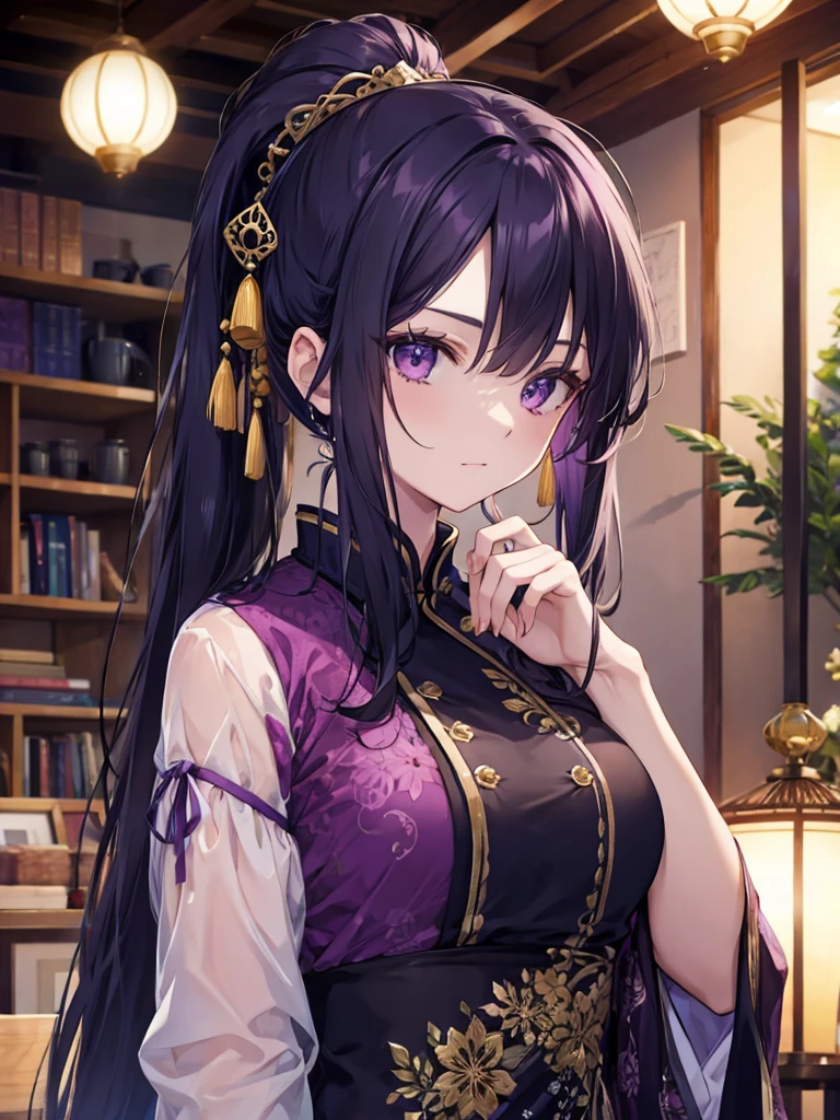 Purple Hair、Super beautiful、Tied up long hair、 black hair、Super beautiful、Age 30、Female Male 、 ponytail 、 Black China Dress with Gold Embroidery、conspiracy、intellectual、 purple eyes、Thin eyebrows、 sexy、Erotic、R-18