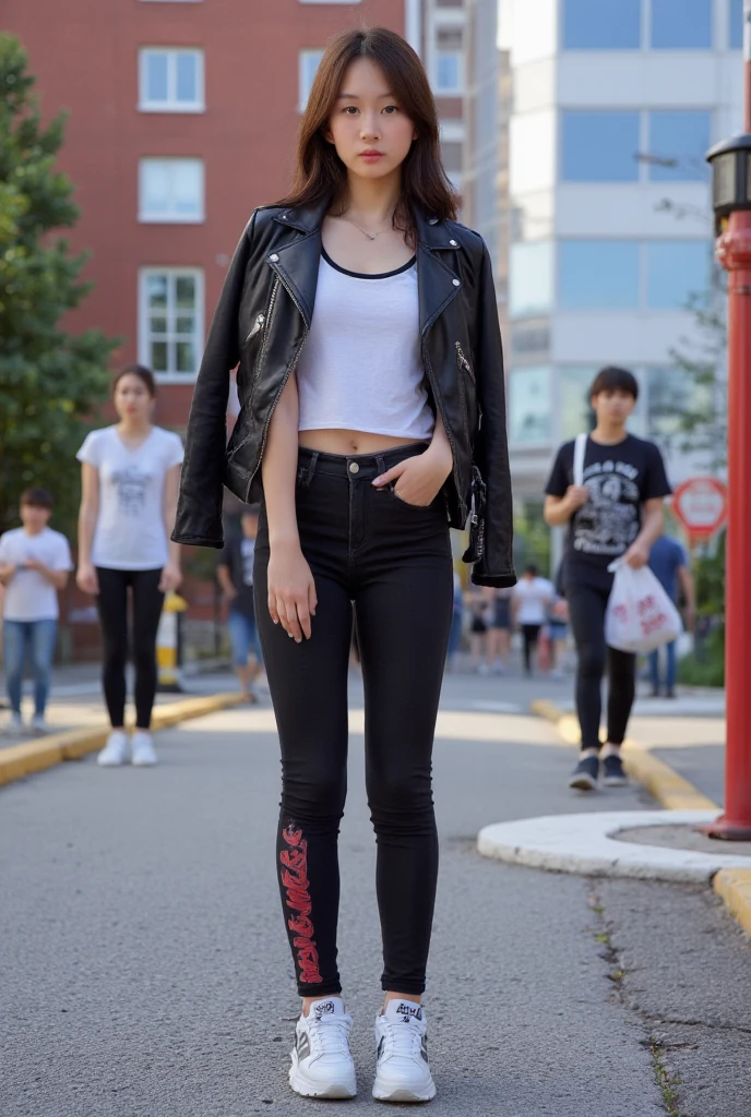 A 19-year-old Kpop female idol with a face resembling Won Young, very tall and slim, wearing a chic fashion outfit. The scene is set in a stylish urban environment with a modern backdrop. The idol stands confidently, showcasing her trendy attire and long, slender figure. The lighting is bright and vibrant, highlighting her fashionable ensemble. The composition is a full-body shot, capturing her from head to toe, emphasizing her youthful elegance and stylish presence.