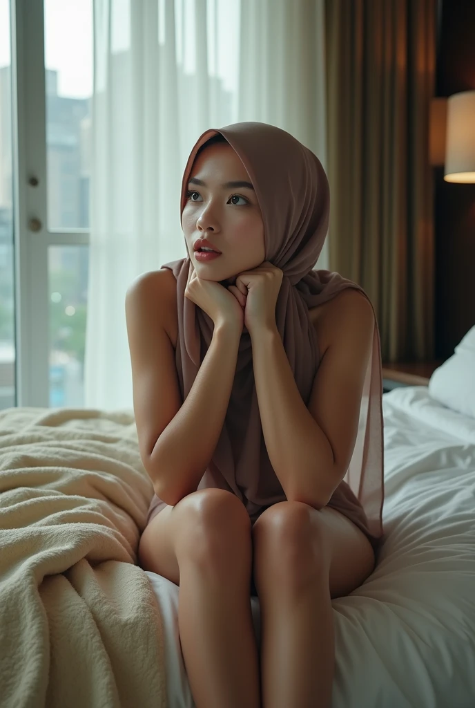 beautiful and sexy Indonesian girl aged 25 years with clean white skin and a hijab sitting naked on the bed in a hotel room