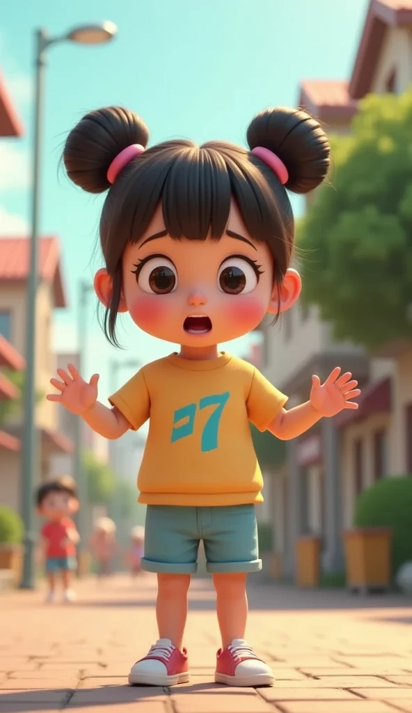 Girl's facial expression is one of fear or panic, with wide eyes and slightly parted lips as though she is gasping or about to speak. Her hands are raised in front of her with open palms, gesturing a clear "stop" or "stay back" signal, indicating she feels threatened or alarmed. street, 3d animation, pixar, (((side view))