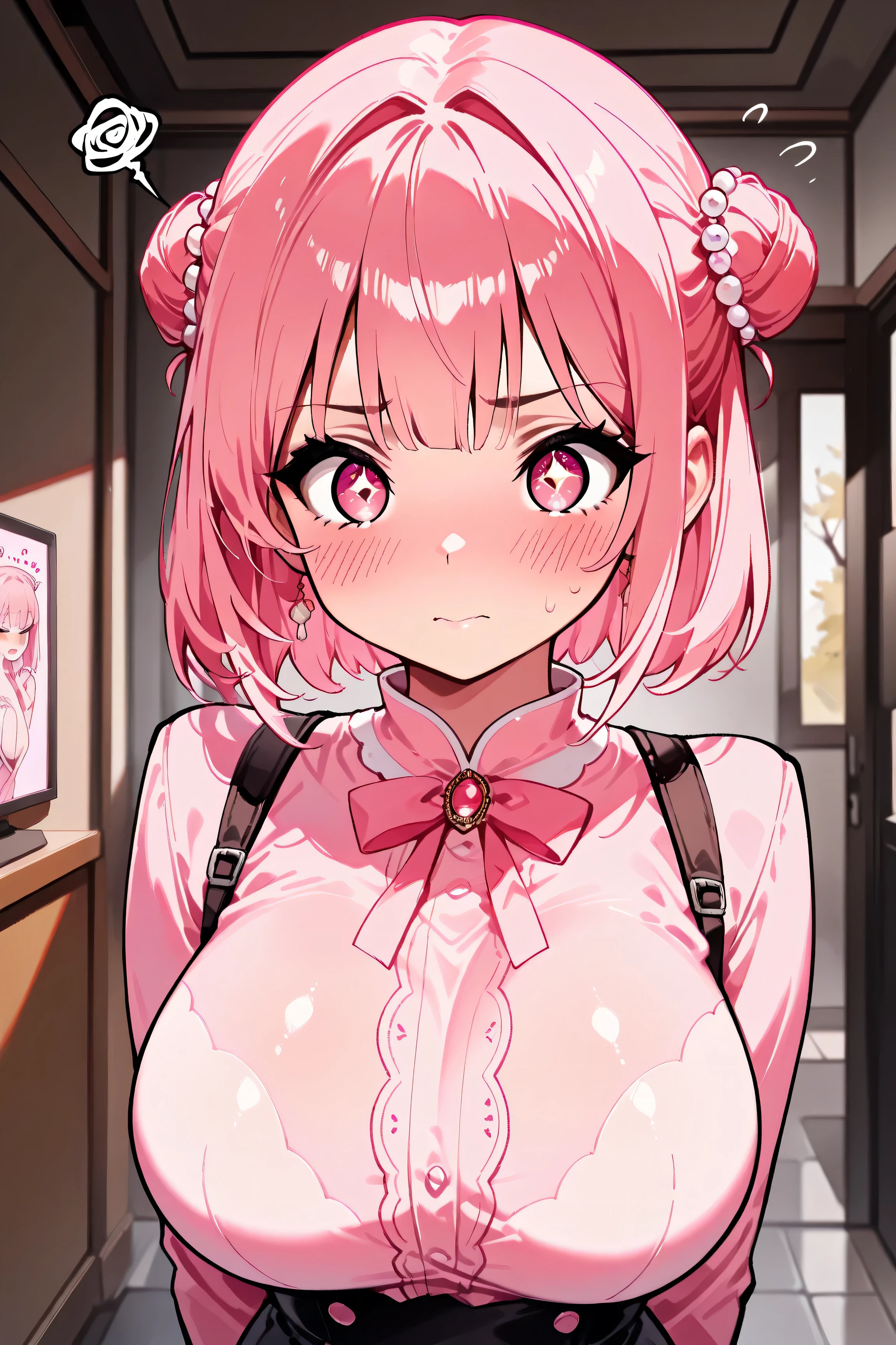 beauty, ((((best Illustration)、(masterpiece, best), (((Young beauty pink hair Asian girl, Ulzzang, blush, Large Breasts, Excellent anatomy, masterpiece, Highest quality,Practical, hyperPractical, 16K High Dynamic Range,、