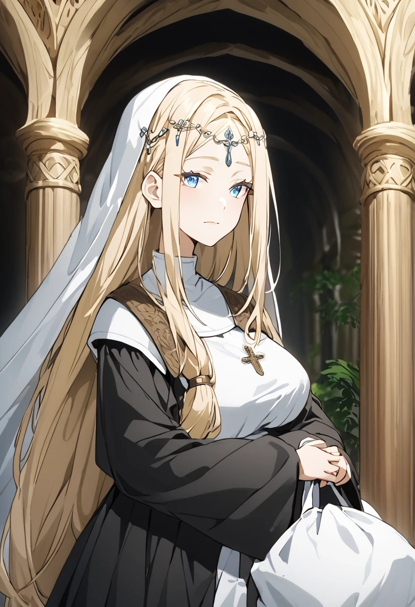 Face and Expression: Sister Angelica has a fair, well-groomed complexion, highlighted by a piercing gaze that is not softened by her blue eyes. Her expression is often stern, reflecting a sense of discipline and authority. A long, blond braid frames her face and descends neatly to the arch of her back, suggesting both simplicity and rigor in her personal maintenance. Her plump body reflects health and robustness. She does not hide her pride in referring to her voluminous bust as a divine gift, something she treats with dignity and reverence. Sister Angelica is always dressed in the traditional habits of a nun, symbolizing her dedication to religious life and simplicity. Headdress: She wears a pristine white bonnet that covers her head and is complemented by a white guimpé, which hides her cheeks and neck, emphasizing the purity and modesty associated with her faith.  Over this rests a simple black veil that falls to her shoulders, contrasting with the bright white of the guimpé. Main Attire: Her tunic is a gray dress, made of a loose and modest fabric, which does not adhere to the body, symbolizing humility and detachment from worldly desires. The underskirt is black, visible only when she moves or when the fabric of the tunic moves. Accessories: Sister Angelica maintains her disinterest in material items, carrying only two objects, A Bible: Always held firmly in her hands, the Bible she carries is an extension of her faith. Wooden Rosary: ​​A simple wooden rosary hanging around her neck completes her appearance, highlighting her devotion and simplicity, 8k high definition