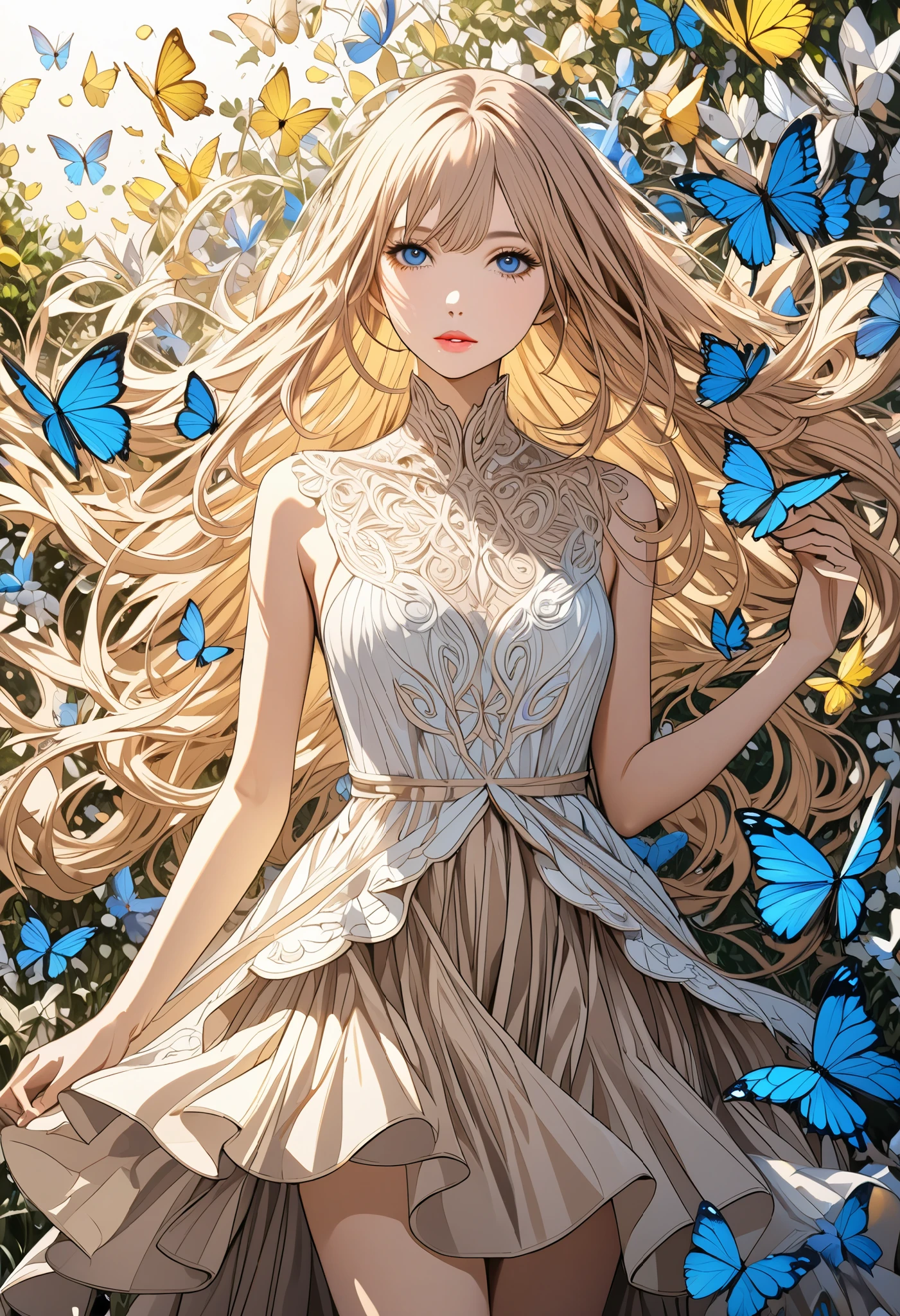  ( best quality ,  high image quality,  high definition , 8k),  Wears a Beige Thread Flowing Skirt , Anatomically perfect,  Very Attractive Pretty Girl ,  Exquisite Narrow Eyes ,  pink lips,  Her Beige Hair Flows in the Wind , Blue Butterflies and Yellow Butterflies , Lots of Petals ,   Swirling Around the Girl 、 Very Very Fantastic , Soft Rich Level ,  Vivid Tones ,  Visually Beautiful Composition , Best Light , intricate super detailed art pen illustration art, 
