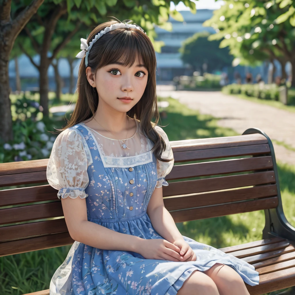 POV, a girl, wearing a dress, sitting in a bench, High Resolution, Character Design, 