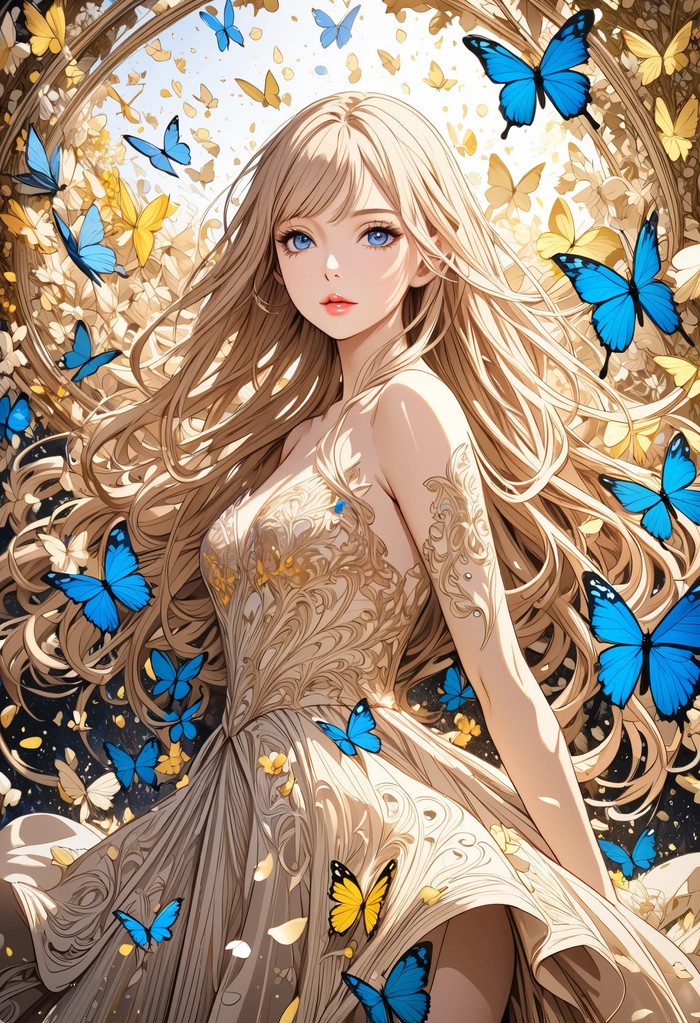  ( best quality ,  high image quality,  high definition , 8k),  Wears a Beige Thread Flowing Skirt , Anatomically perfect,  Very Attractive Pretty Girl ,  Exquisite Narrow Eyes ,  pink lips,  Her Beige Hair Flows in the Wind , Blue Butterflies and Yellow Butterflies , Lots of Petals ,   Swirling Around the Girl 、 Very Very Fantastic ,  Extraordinary Glitter , Soft Rich Level ,  Vivid Tones ,  Visually Beautiful Composition , Best Light , intricate super detailed art pen illustration art, 
