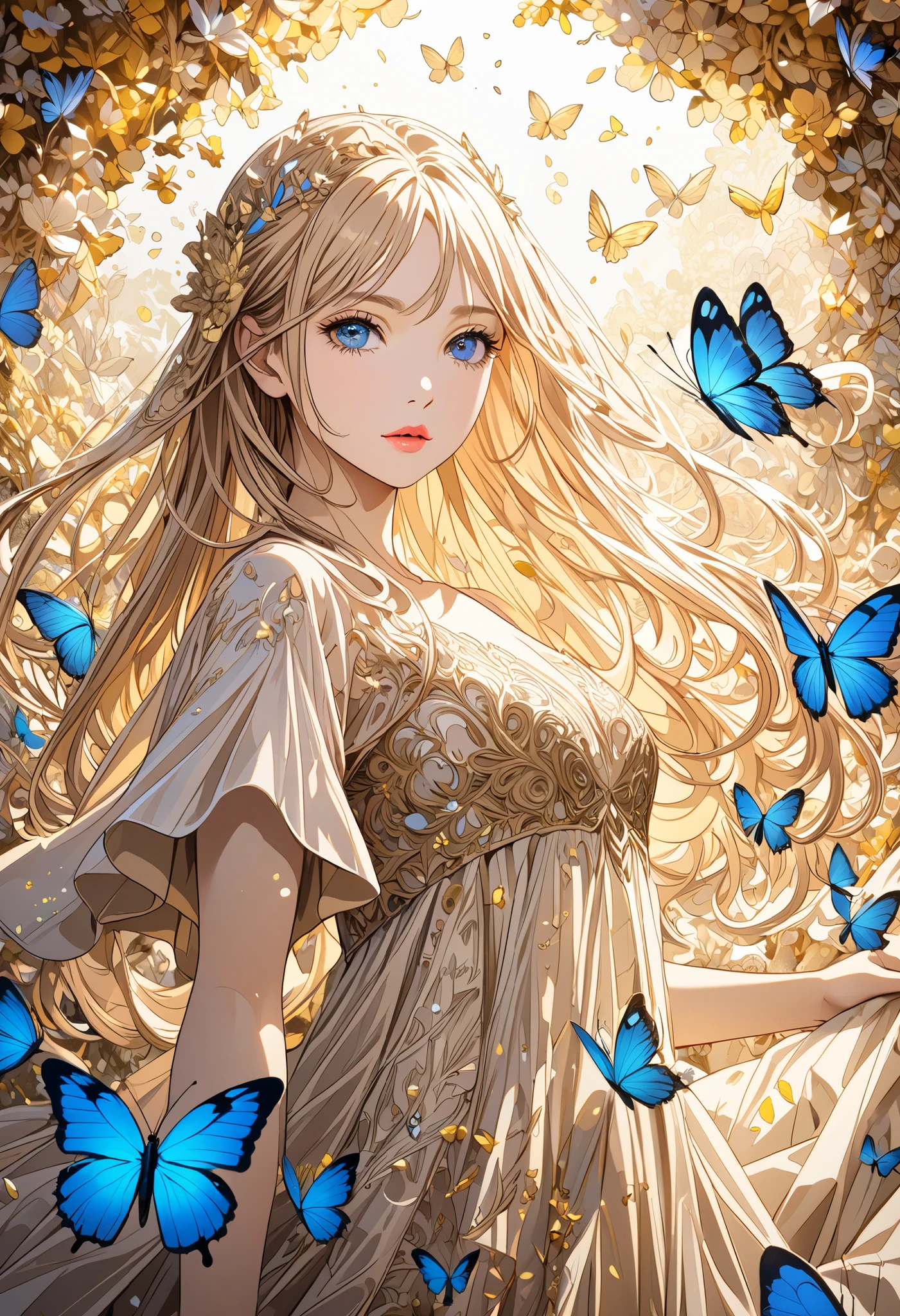  ( best quality ,  high image quality,  high definition , 8k),  Wears a Beige Thread Flowing Skirt , Anatomically perfect,  Very Attractive Pretty Girl ,  Exquisite Narrow Eyes ,  pink lips,  Her Beige Hair Flows in the Wind , Blue Butterflies and Yellow Butterflies , Lots of Petals ,   Swirling Around the Girl 、 Very Very Fantastic ,  Extraordinary Glitter , Soft Rich Level ,  Vivid Tones ,  Visually Beautiful Composition , Best Light , intricate super detailed art pen illustration art, 
