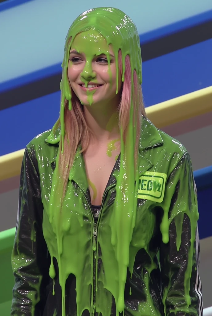 arafed woman sitting in a chair in a news studio, evening news program, tv still, journalist photo, (thick slime dripping down head: 1.3), (thick slime dripping down hair: 1.2) cleavage