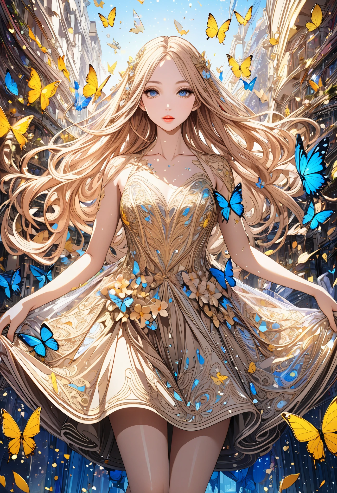  ( best quality ,  high image quality,  high definition , 8k),  Wears a Beige Thread Flowing Skirt , Anatomically perfect,  Very Attractive Pretty Girl ,  Exquisite Narrow Eyes ,  pink lips,  Her Beige Hair Flows in the Wind , Blue Butterflies and Yellow Butterflies , Lots of Petals ,   Swirling Around the Girl 、 Very Very Fantastic ,  Extraordinary Glitter ,  Glitter Art Decor, Soft Rich Level ,  Vivid Tones ,  Visually Beautiful Composition , Best Light ,  Complicated Ultra Detailed Art Pen , pentel illustration art, 
