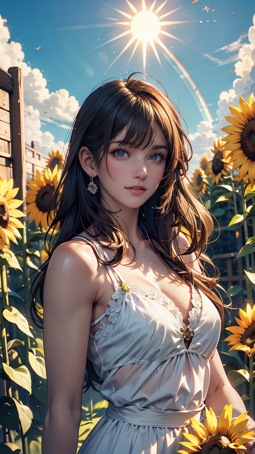 ( top quality), (8k), ( top quality), (Actual photo), ( realistic pictures), sunflower garden ,  blue sky, Rainbow and Shining Sun .  