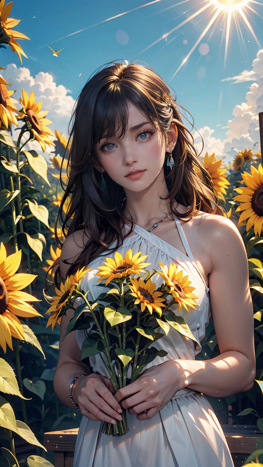 ( top quality), (8k), ( top quality), (Actual photo), ( realistic pictures), sunflower garden ,  blue sky, Rainbow and Shining Sun .  