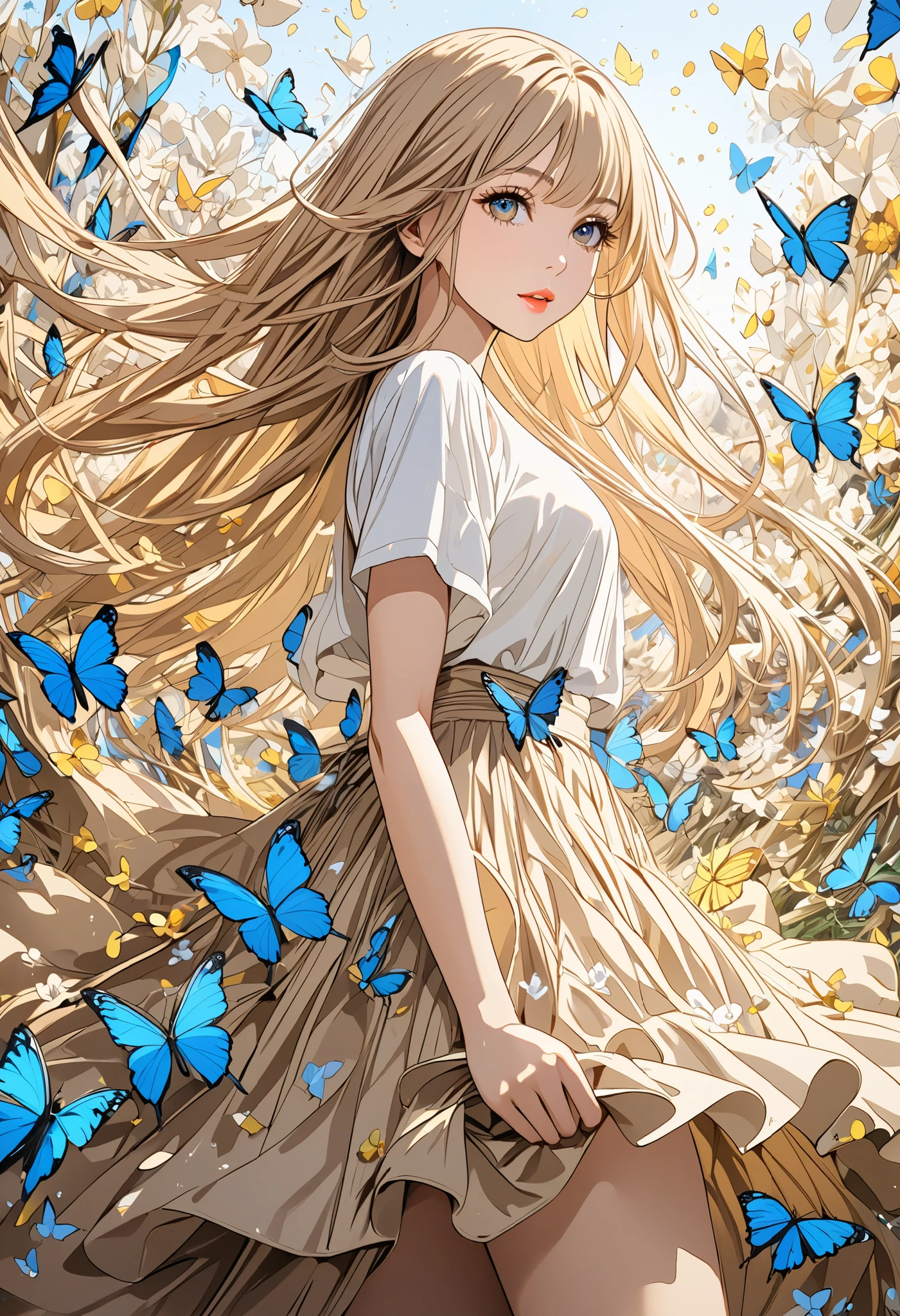  ( best quality ,  high image quality,  high definition , 8k),  Wears a Beige Thread Flowing Skirt , Anatomically perfect,  Very Attractive Pretty Girl ,  Exquisite Narrow Eyes ,  pink lips,  Her Beige Hair Flows in the Wind , Blue Butterflies and Yellow Butterflies , Lots of Petals ,   Swirling Around the Girl 、 Very Very Fantastic ,  Visually Beautiful Composition , Best Light ,  Complicated Ultra Detailed Art Pen , pentel illustration art, 
