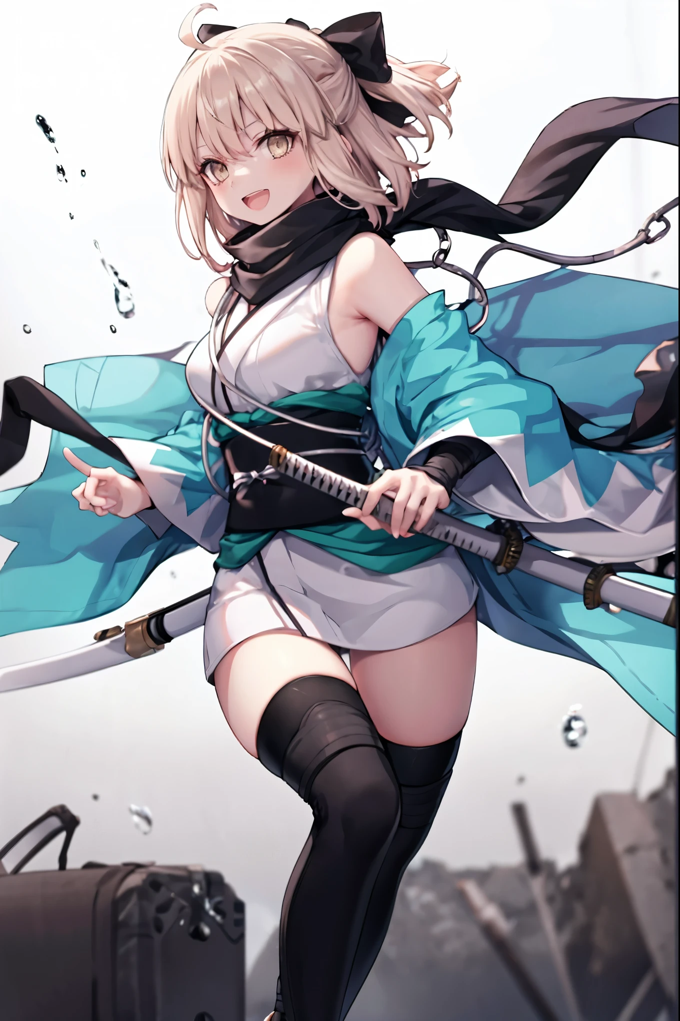 meticulous details, good composition, , cute face, perfect face, perfect hands, 1girl,okita souji \(FGO\), okita souji \(fate\), pale_pink_hair,ponytail,black_bow,sleeveless_white_short_kimono,
 smile,happy,gold_half_eyes, thigh-highs, straw_sandals,medium_breasts, midriff , (right_leg_forward:0.7) ,town_background,black_long_scarf,knee, bragging_face, black_cloth_gauntlet,apart_legs,open_mouth,open_legs,rise_arms, 