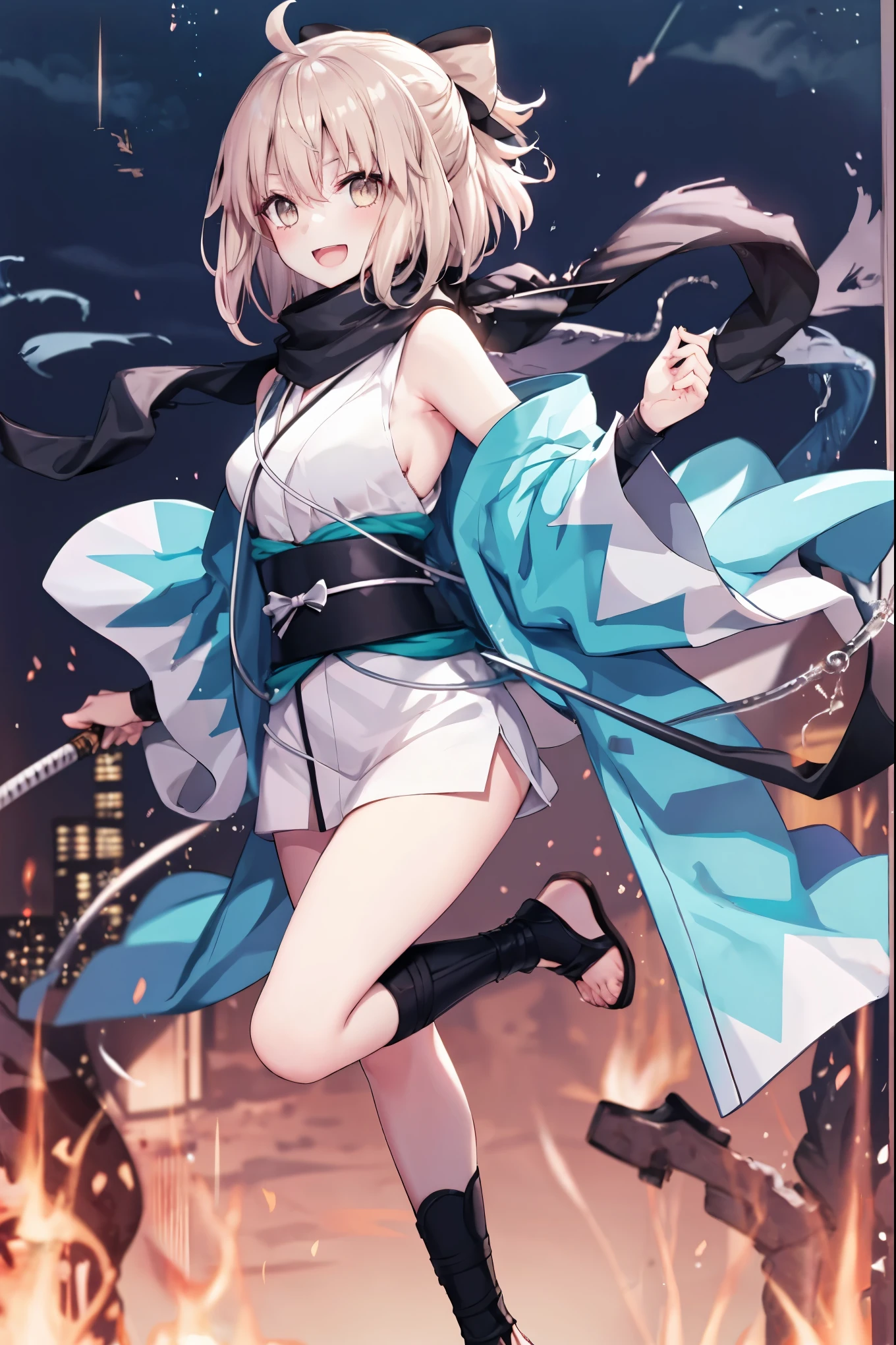 meticulous details, good composition, , cute face, perfect face, perfect hands, 1girl,okita souji \(FGO\), okita souji \(fate\), pale_pink_hair,ponytail,black_bow,sleeveless_white_short_kimono,
 smile,happy,gold_half_eyes, thigh-highs, straw_sandals,medium_breasts, midriff , (right_leg_forward:0.7) ,town_background,black_long_scarf,knee, bragging_face, black_cloth_gauntlet,apart_legs,open_mouth,open_legs,rise_arms, 