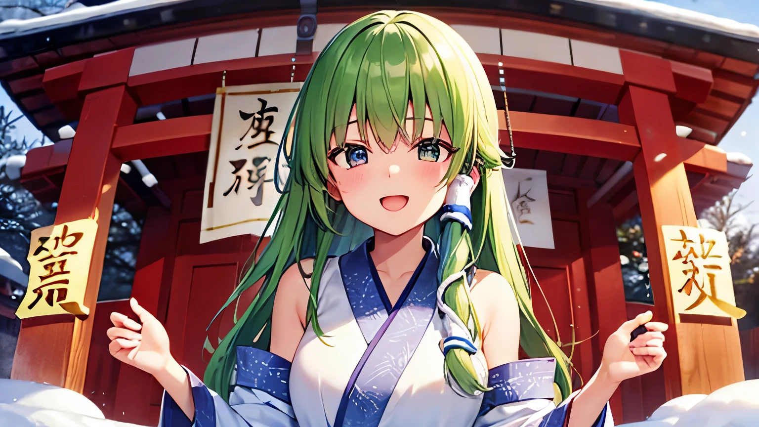 HD quality、 Max Image、Sanae Kochiya、Green hair long 、Shrine maiden、Shrine maiden服、Winter Shrine、New Year、New Year’s Day