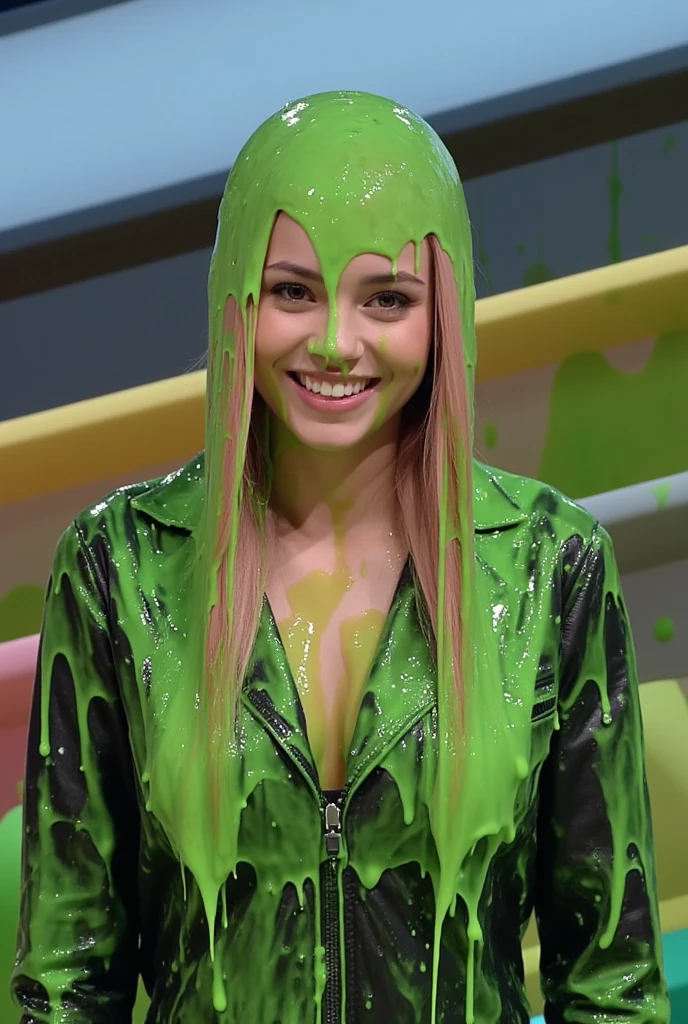 Cinematic photograph of Korean model covered in green slime. Photorealistic. Glistening liquid. Green slime. Slime. Wet. Raw photo. Korean model. (Korean: 1.6). Korean woman. Black leather jacket. Cleavage. Pink hair. Gameshow. Portrait photograph. Film photo. Winged black eyeliner. Monolid. Custard.