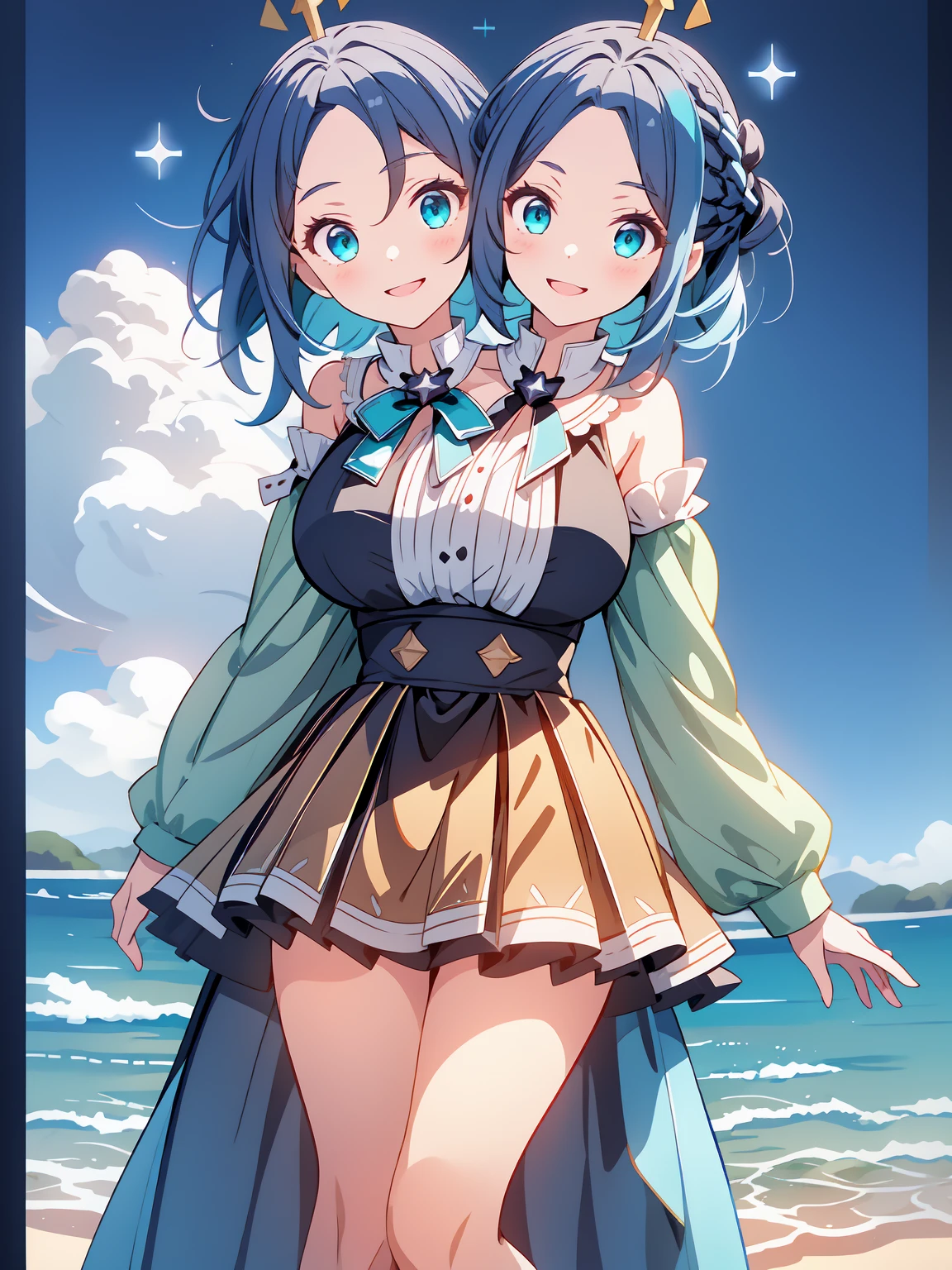 Girl with long black hair、Cute light blue bra、A white shirt with all the buttons undone、Cute light blue underwear、barefoot、A girl wearing a cute light pink bra and underwear、Blue sea, sandy beach, cumulonimbus clouds and blue sky、Two girls having fun