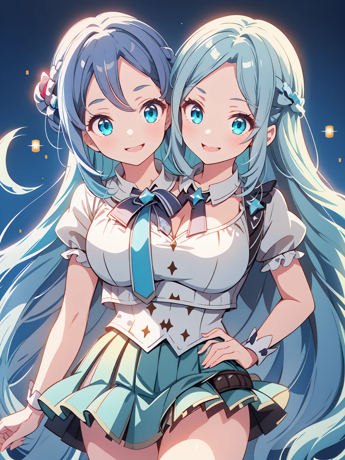 Highest quality、Highest quality、masterpiece、(8K),beauty(Age 25)、Navy blue long hair、blue eyes、smile、blue necklace、Blue Earrings、background(Night view)、Tie your hair with a checked ribbon、bracelet、Looking at a computer、Make the figures smaller