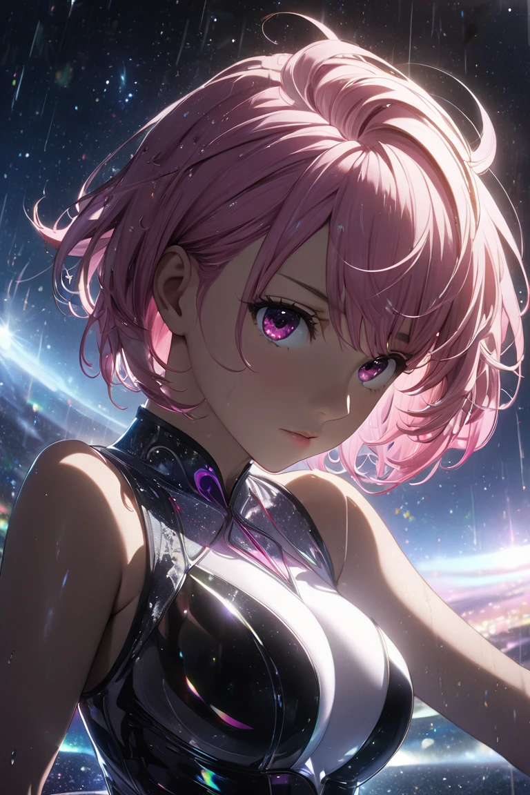 {Masterpiece}}, Best Picture Quality, High Definition CG Unity 8K Wallpaper, Cinematic Lighting, Lens Flare, Beautiful Detail, After Rain, Starry Sky, Mirrored Floor, Moon Rainbow, Particles, (White:1.5), Aira Shirotori, Beautiful Woman, Asymmetrical Short Hair, Left Up Bangs acrobatic pose, stupid hair, pink hair, pink eyes, colorful transparent leotard, big tits, cowboy shot, close-up of person