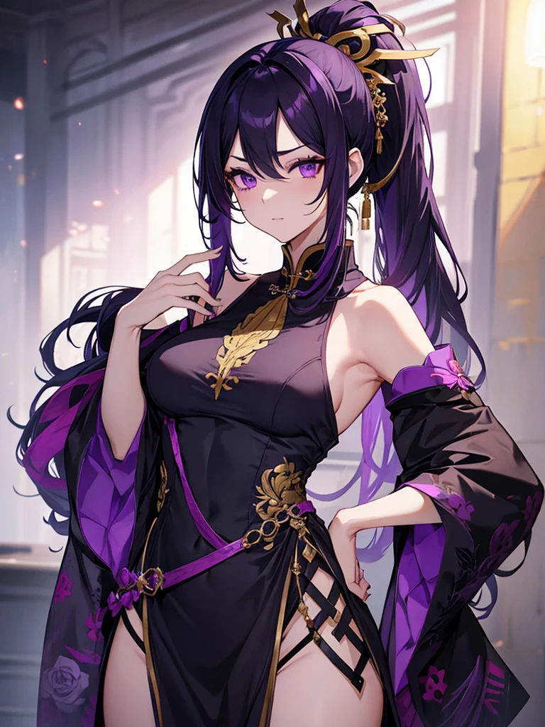 Purple Hair、Super beautiful、Tied up long hair、 black hair、Super beautiful、Age 30、Female Male 、 ponytail 、 Black China Dress with Gold Embroidery、conspiracy、intellectual、 purple eyes、Thin eyebrows、 sexy、Erotic、R-18、 indecent vibe