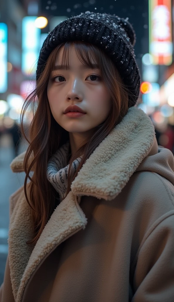 22 year old girl、 baby face、White Breath、((Tokyo cityscape))( downtown at night)((Stylish clothes for winter))( sexy)
 snow is falling 、(( close-up)) best quality,  anatomically correct,  high detail,  very detailed,  textured skin ,  smiles, 