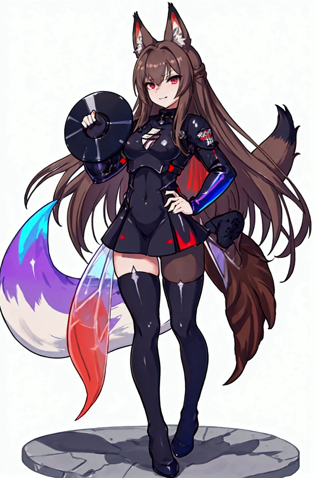 kishi-v2(  black and evil  々  shield 、 wear armor ,  brown hairの毛、 red eyes,  1 girl),  fox ears,  animal ears  , Nazuna_Hiwatashi,  brown hair, long hair, red eyes, (Animal Nose, triangular nose  ),  fox ears, ((bushy Tail, Tail)), fluffy fur with a large  shield  , （I can see the fangs、Double teeth、 wore black tights  ( transparent PVC clothing , transparent colored vinyl clothing , : 1.2。prism, Holographic , Color Difference, fashion illustration), （Mean face、 red eyeliner that makes a striking impression、  cold eyes 、  has long eyelashes） Purple Eyes,  long hair,( Holographic :1.2), Refined and elegant ,  3d rendering,, Looking at the Audience , pixib,movie lighting,  very detailed