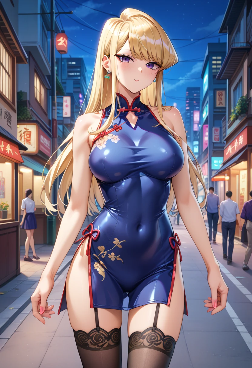 Masterpiece, top quality, best quality, official art, beautiful and aesthetic, anime, 1girl, Komi Shouko, extremely detailed, colorful, more detailed ((ultra-detailed)), (highly detailed CG illustration),horny,detailed face,blonde hair, big purple eyes,tight chinese dress, in middle,skinny fit, large breasts,cleavege,street,night,cyberpunk,fullbody shot,stockings,from behind