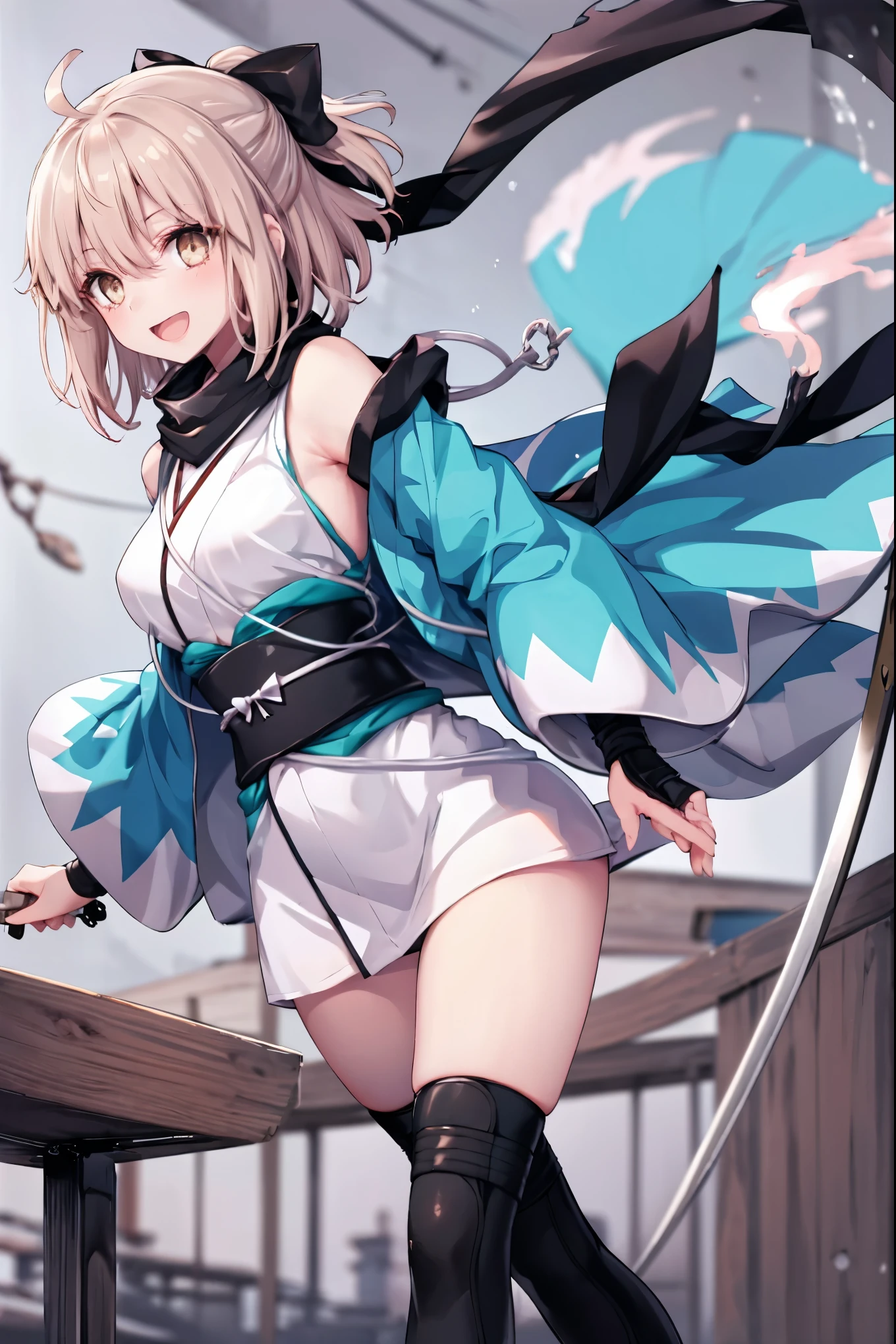 meticulous details, good composition, , cute face, perfect face, perfect hands, 1girl,okita souji \(FGO\), okita souji \(fate\), pale_pink_hair,ponytail,black_bow,sleeveless_white_short_kimono,
 smile,happy,gold_half_eyes, thigh-highs, straw_sandals,medium_breasts, midriff , (right_leg_forward:0.7) ,town_background,black_long_scarf,knees, bragging_face, black_cloth_gauntlet,apart_legs,open_mouth,open_legs,rise_arms, bare_elbows