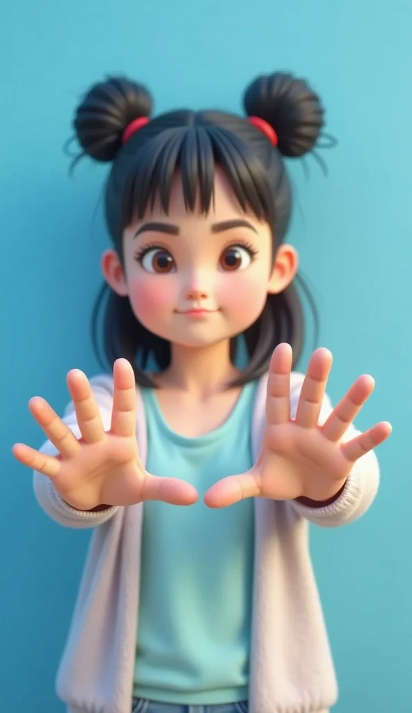 The photo shows a girl standing against a plain blue background. Her arms are crossed in front of her chest, forming an "X" gesture with her hands. Both palms are fully open, facing outward, with fingers naturally spread apart but not rigid, emphasizing a clear "stop" or "no" signal. Her thumbs are slightly angled inward, aligning with the shape of her palms, while her other fingers fan outward slightly curved, adding a relaxed yet firm stance to her gesture. Her hands are positioned at chest level, with her left hand slightly overlapping her right, further reinforcing the strong, definitive nature of her pose. Her serious and slightly stern facial expression, with furrowed brows and a slight frown, complements the clear and assertive message conveyed by her gesture.