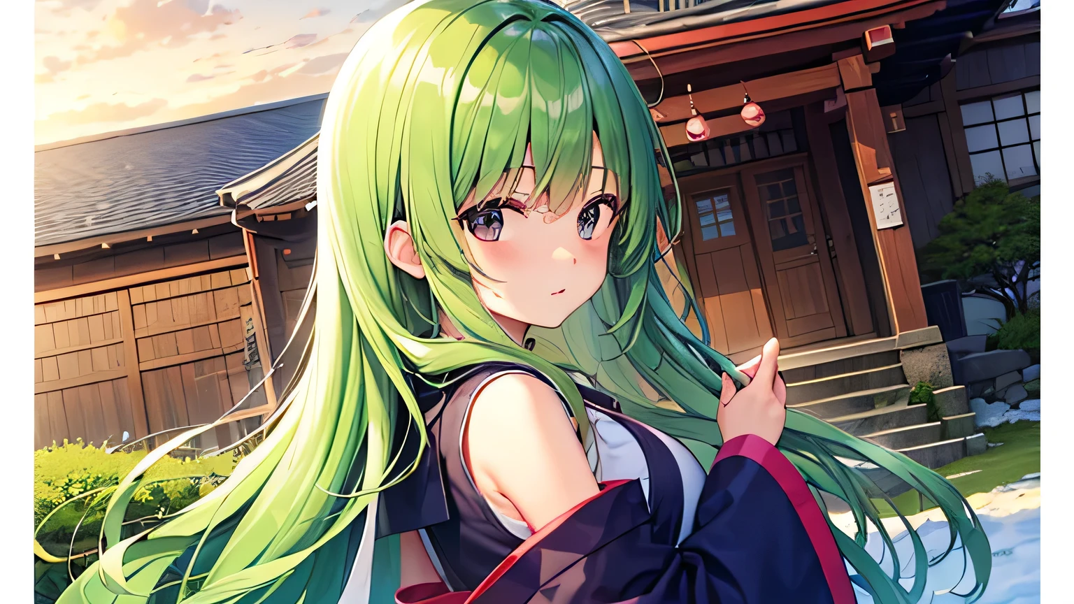 HD quality、 Max Image、Sanae Kochiya、Green hair long 、Shrine maiden、Shrine maiden服、Winter Shrine、Looking back in the first person