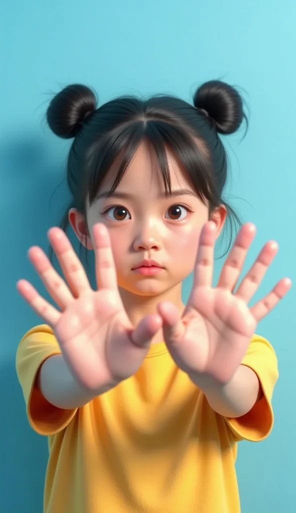 The photo shows a girl standing against a plain blue background. Her arms are crossed in front of her chest, forming an "X" gesture with her hands. Both palms are fully open, facing outward, with fingers naturally spread apart but not rigid, emphasizing a clear "stop" or "no" signal. Her thumbs are slightly angled inward, aligning with the shape of her palms, while her other fingers fan outward slightly curved, adding a relaxed yet firm stance to her gesture. Her hands are positioned at chest level, with her left hand slightly overlapping her right, further reinforcing the strong, definitive nature of her pose. Her serious and slightly stern facial expression, with furrowed brows and a slight frown, complements the clear and assertive message conveyed by her gesture.