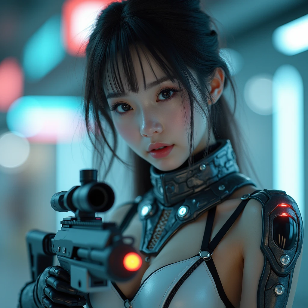 8K,beautiful,cyber punk,cyber punkな街並み,Charming girl at 18 years old,Baby Face,ponytail,Long Shot,whole body,Composition from afar